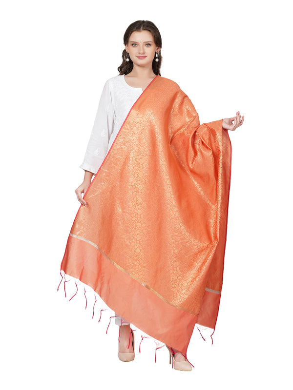 Orange Banarasi Silk Dupatta with All-Over Woven Floral Zari Jaal (Size: 2.5x1 m Approx)