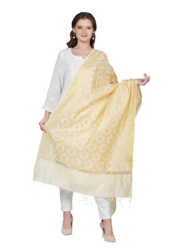 Ivory Gold Banarasi Silk Dupatta with Elegant Woven Floral Jaal (Size: 2.5x1 m Approx)