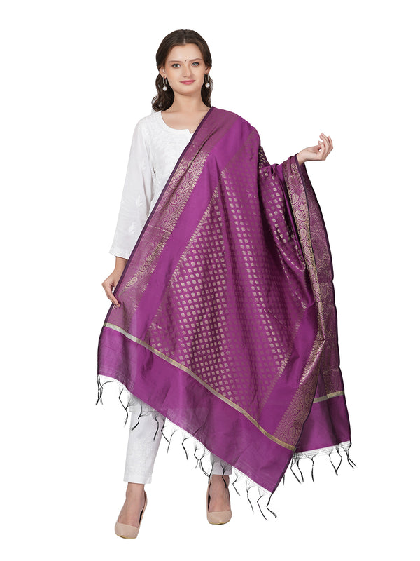 Purple Banarasi Silk Dupatta with Woven Gold Zari Butti & Ornate Border (Size: 2.5x1 m Approx)