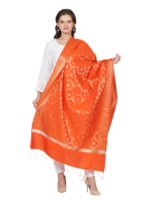 Orange Banarasi Silk Dupatta with Elegant Woven Floral Jaal (Size: 2.5x1 m Approx)