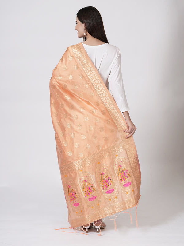 Peach Paithani Silk Dupatta with Traditional Peacock Motifs (Size: 2.5x1 m Approx)