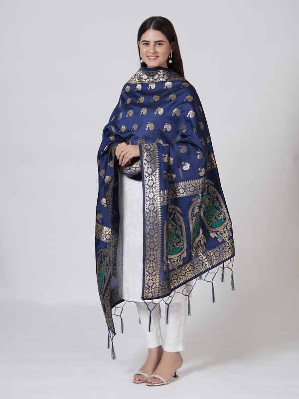 Navy Blue Paithani Silk Dupatta with Traditional Peacock Motifs (Size: 2.5x1 m Approx)