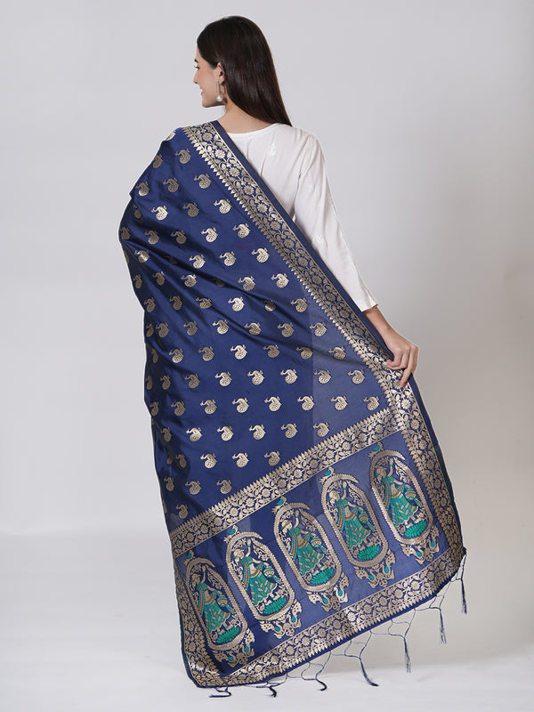 Navy Blue Paithani Silk Dupatta with Traditional Peacock Motifs (Size: 2.5x1 m Approx)