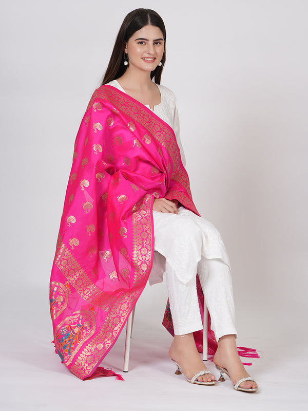 Rani Paithani Silk Dupatta with Traditional Peacock Motifs (Size: 2.5x1 m Approx)