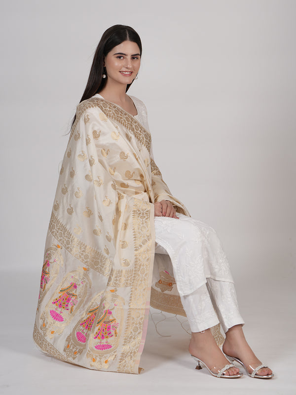 Off White Paithani Silk Dupatta with Traditional Peacock Motifs (Size: 2.5x1 m Approx)