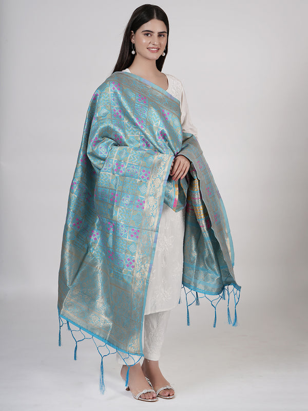Teal Paithani Silk Dupatta with Geometric Zari Jaal & Traditional Border (Size: 2.5x1 m Approx)