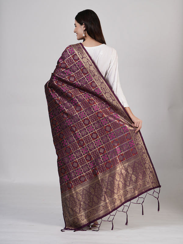 Wine Paithani Silk Dupatta with Geometric Zari Jaal & Traditional Border (Size: 2.5x1 m Approx)
