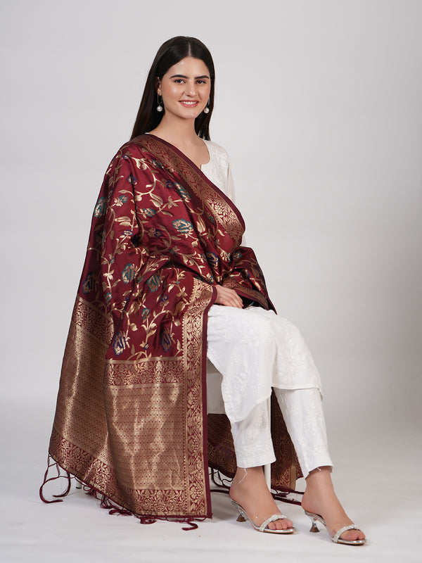 Wine Paithani Silk Dupatta with Floral Zari Jaal & Traditional Border (Size: 2.5x1 m Approx)
