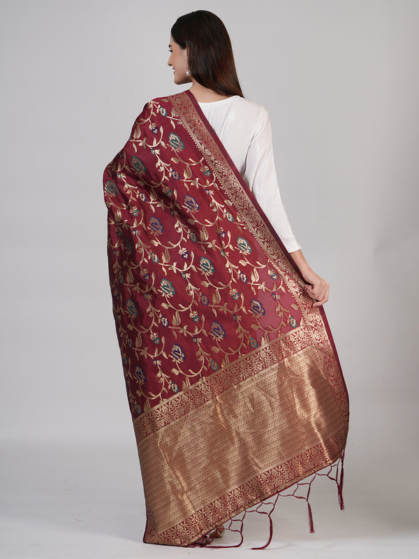 Wine Paithani Silk Dupatta with Floral Zari Jaal & Traditional Border (Size: 2.5x1 m Approx)