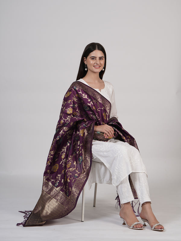 Purple Paithani Silk Dupatta with Floral Zari Jaal & Traditional Border (Size: 2.5x1 m Approx)