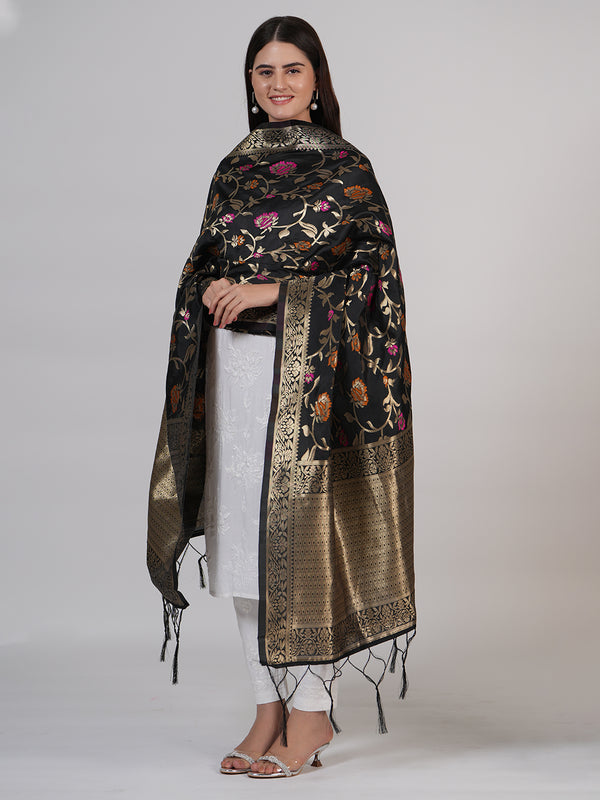 Black Paithani Silk Dupatta with Floral Zari Jaal & Traditional Border (Size: 2.5x1 m Approx)