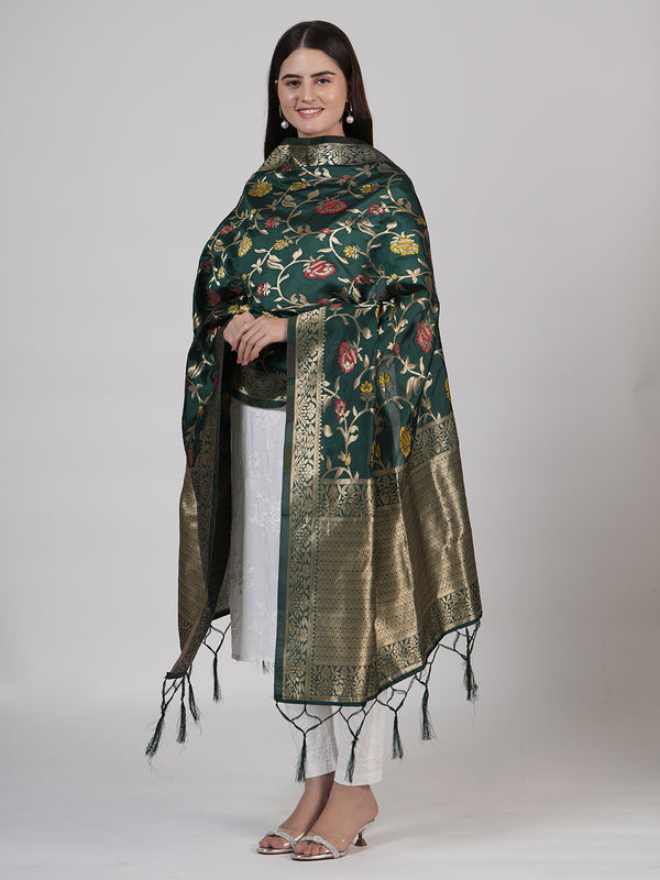 Bottle Green Paithani Silk Dupatta with Floral Zari Jaal & Traditional Border (Size: 2.5x1 m Approx)