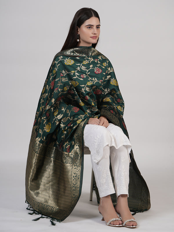 Bottle Green Paithani Silk Dupatta with Floral Zari Jaal & Traditional Border (Size: 2.5x1 m Approx)