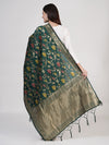 Bottle Green Paithani Silk Dupatta with Floral Zari Jaal & Traditional Border (Size: 2.5x1 m Approx)