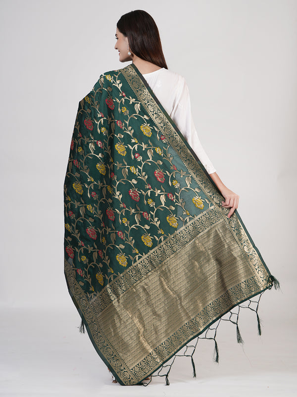 Bottle Green Paithani Silk Dupatta with Floral Zari Jaal & Traditional Border (Size: 2.5x1 m Approx)