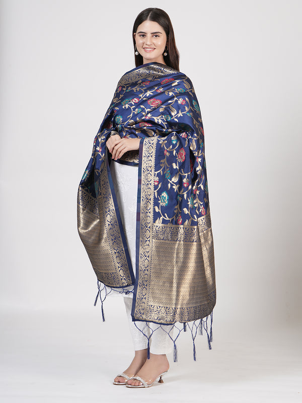 Blue Paithani Silk Dupatta with Floral Zari Jaal & Traditional Border (Size: 2.5x1 m Approx)