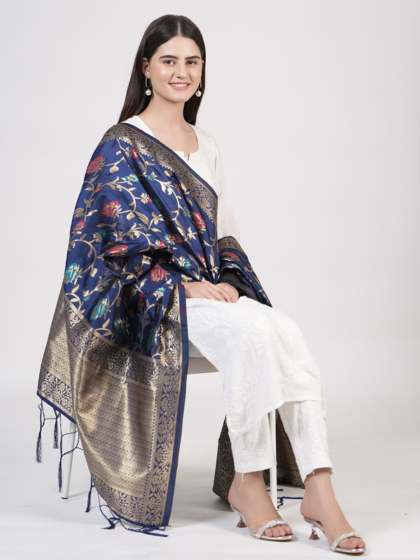 Blue Paithani Silk Dupatta with Floral Zari Jaal & Traditional Border (Size: 2.5x1 m Approx)