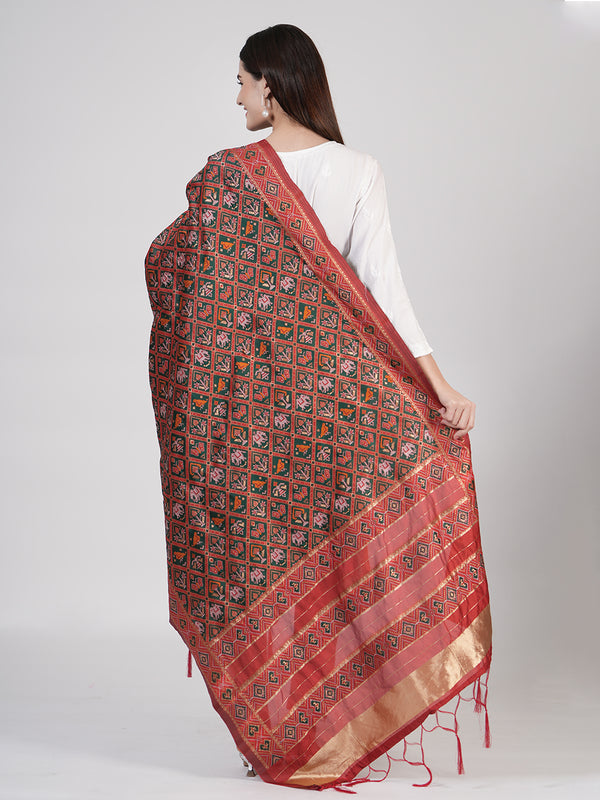 Royal Red Paithani Silk Dupatta with Geometric Motifs & Contrast Zari Border (Size: 2.5x1 m Approx)