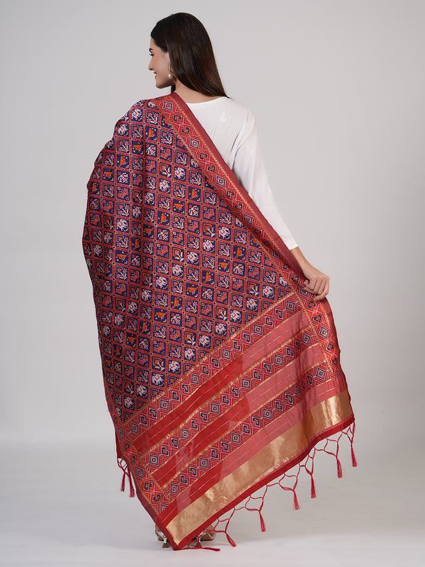 Royal Orange Paithani Silk Dupatta with Geometric Motifs & Contrast Zari Border (Size: 2.5x1 m Approx)