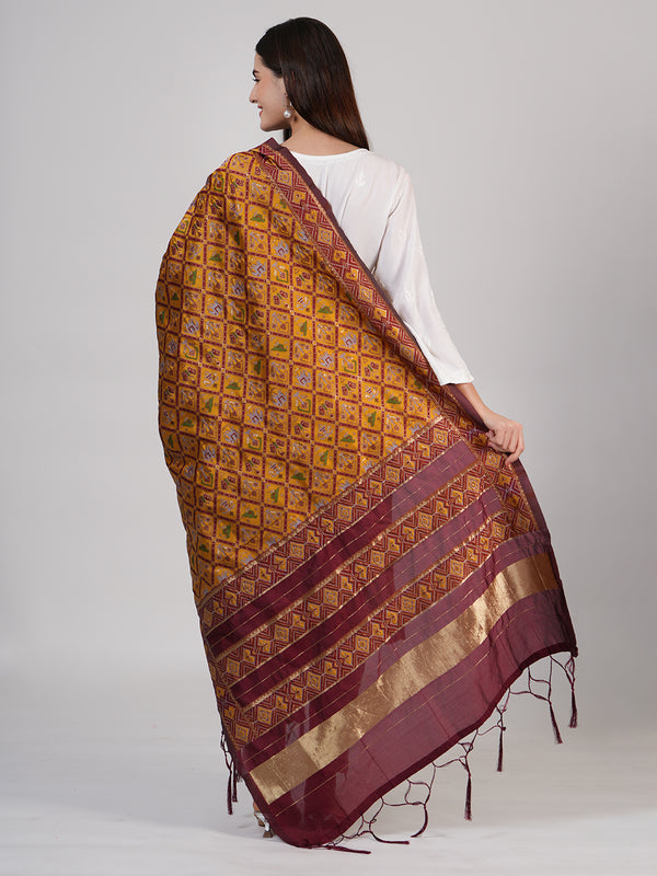 Royal Mustard Paithani Silk Dupatta with Geometric Motifs & Contrast Zari Border (Size: 2.5x1 m Approx)
