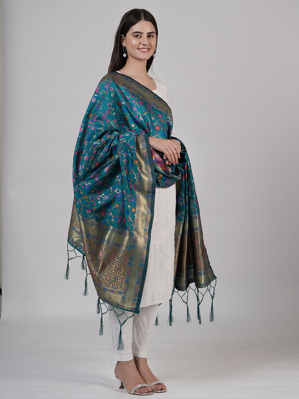 Teal Kashmiri Silk Dupatta with Multicolour Floral Vine Weave & Zari Border (Size: 2.5x1 m Approx)