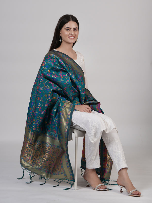Teal Kashmiri Silk Dupatta with Multicolour Floral Vine Weave & Zari Border (Size: 2.5x1 m Approx)