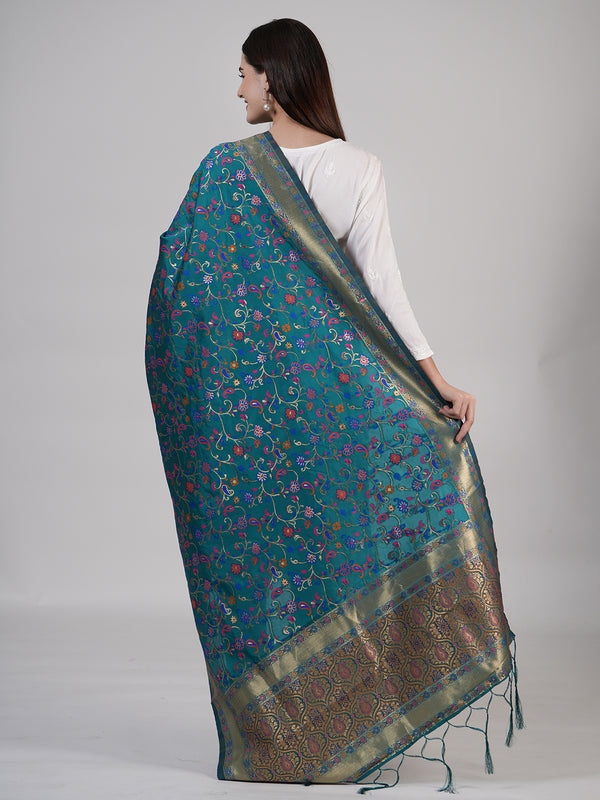 Teal Kashmiri Silk Dupatta with Multicolour Floral Vine Weave & Zari Border (Size: 2.5x1 m Approx)