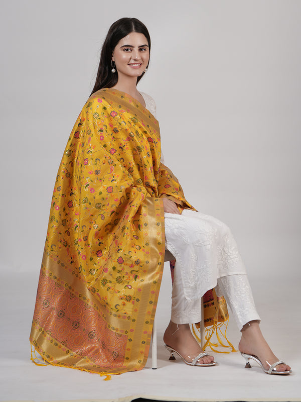 Yellow Kashmiri Silk Dupatta with Multicolour Floral Vine Weave & Zari Border (Size: 2.5x1 m Approx)