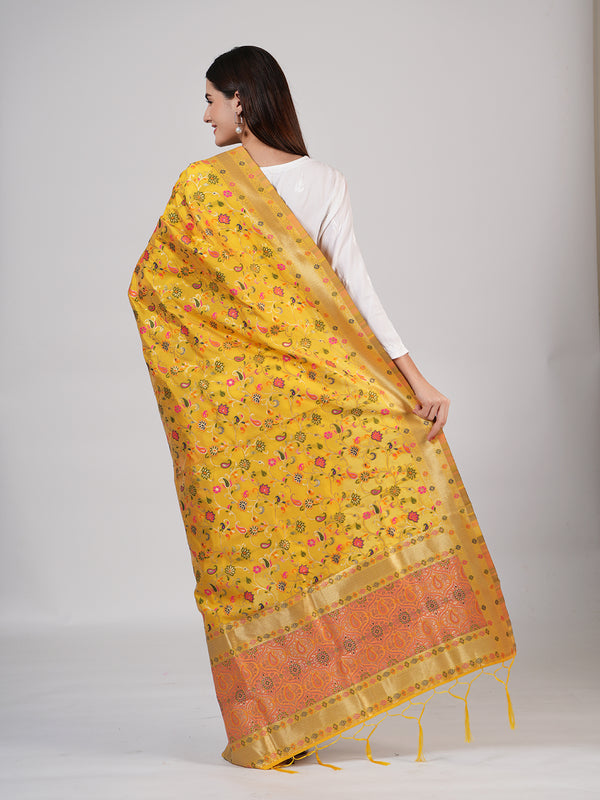 Yellow Kashmiri Silk Dupatta with Multicolour Floral Vine Weave & Zari Border (Size: 2.5x1 m Approx)