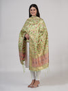 Light Green Kashmiri Silk Dupatta with Multicolour Floral Vine Weave & Zari Border (Size: 2.5x1 m Approx)