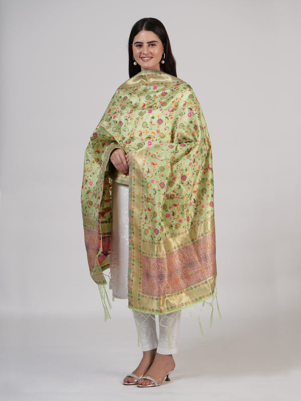 Light Green Kashmiri Silk Dupatta with Multicolour Floral Vine Weave & Zari Border (Size: 2.5x1 m Approx)