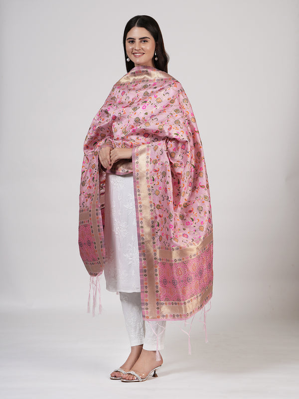 Pink Kashmiri Silk Dupatta with Multicolour Floral Vine Weave & Zari Border (Size: 2.5x1 m Approx)