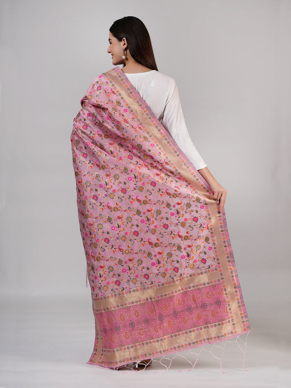 Pink Kashmiri Silk Dupatta with Multicolour Floral Vine Weave & Zari Border (Size: 2.5x1 m Approx)