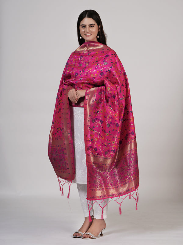 Rani Kashmiri Silk Dupatta with Multicolour Floral Vine Weave & Zari Border (Size: 2.5x1 m Approx)
