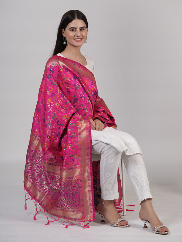 Rani Kashmiri Silk Dupatta with Multicolour Floral Vine Weave & Zari Border (Size: 2.5x1 m Approx)