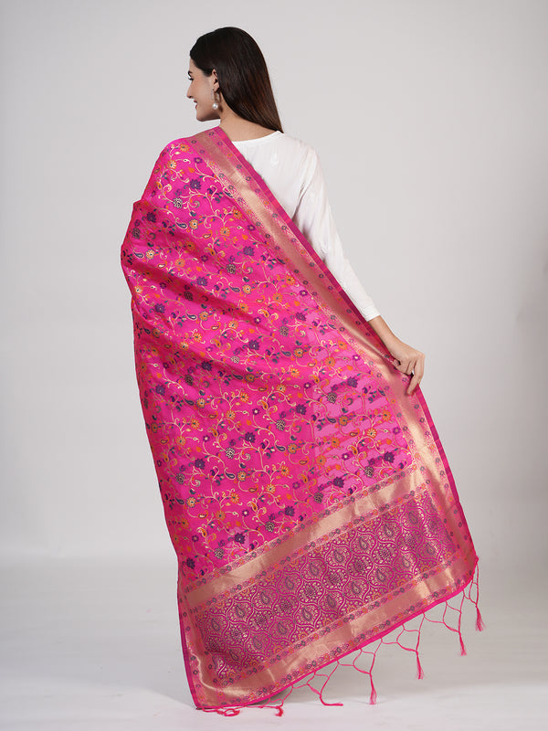 Rani Kashmiri Silk Dupatta with Multicolour Floral Vine Weave & Zari Border (Size: 2.5x1 m Approx)