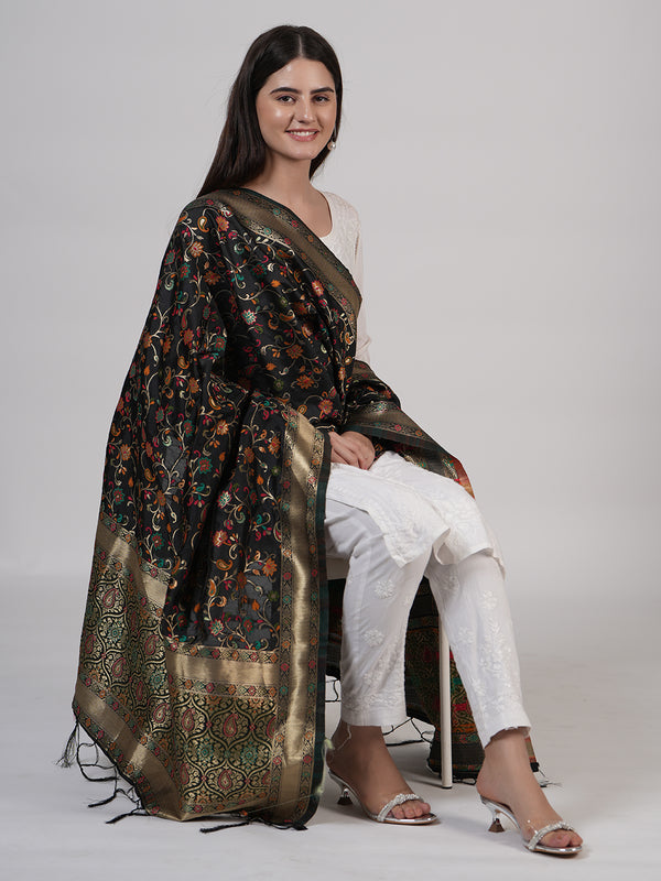 Black Kashmiri Silk Dupatta with Multicolour Floral Vine Weave & Zari Border (Size: 2.5x1 m Approx)