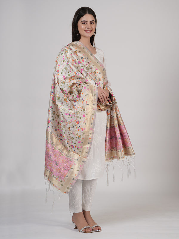 White Kashmiri Silk Dupatta with Multicolour Floral Vine Weave & Zari Border (Size: 2.5x1 m Approx)