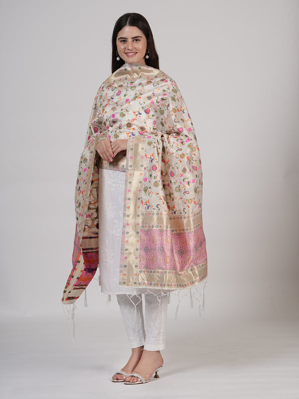 White Kashmiri Silk Dupatta with Multicolour Floral Vine Weave & Zari Border (Size: 2.5x1 m Approx)