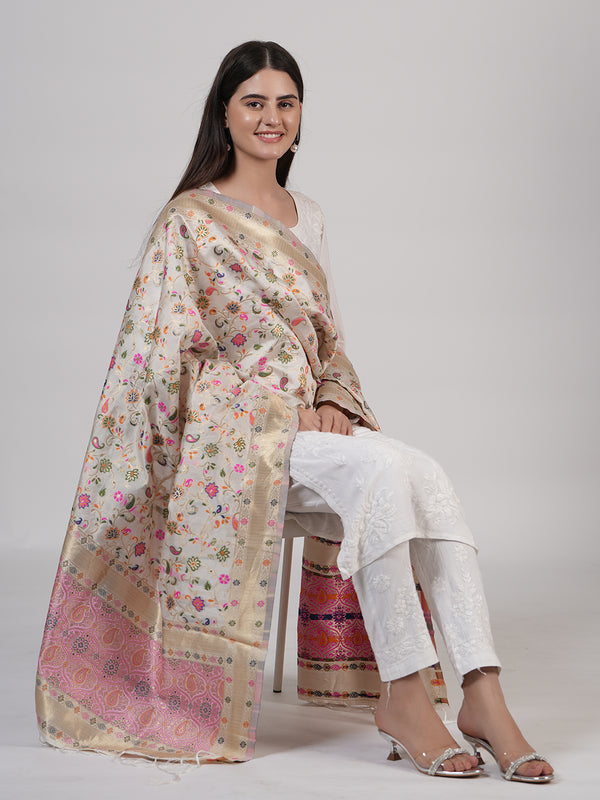 White Kashmiri Silk Dupatta with Multicolour Floral Vine Weave & Zari Border (Size: 2.5x1 m Approx)