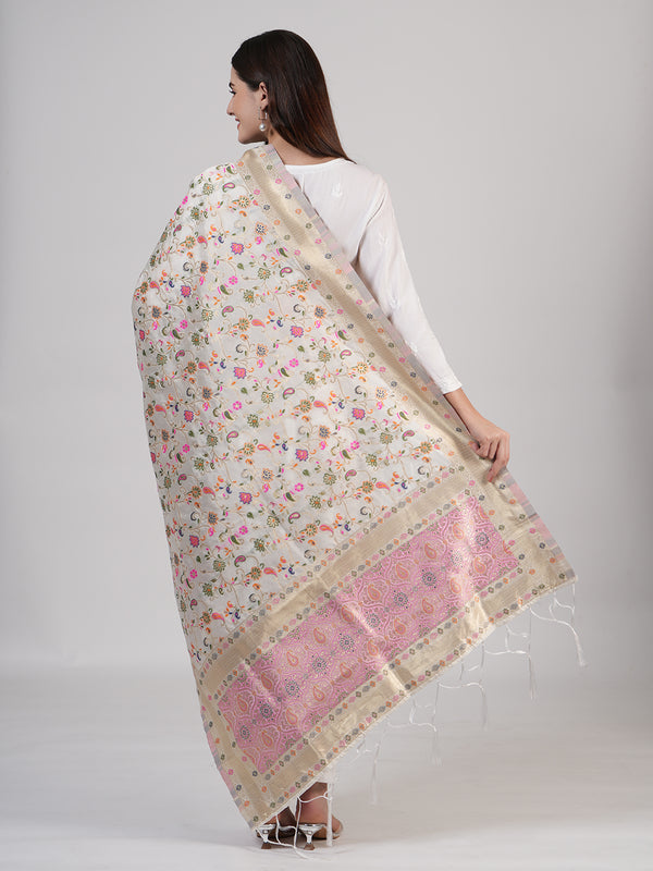 White Kashmiri Silk Dupatta with Multicolour Floral Vine Weave & Zari Border (Size: 2.5x1 m Approx)