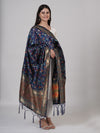 Blue Kashmiri Silk Dupatta with Multicolour Floral Vine Weave & Zari Border (Size: 2.5x1 m Approx)