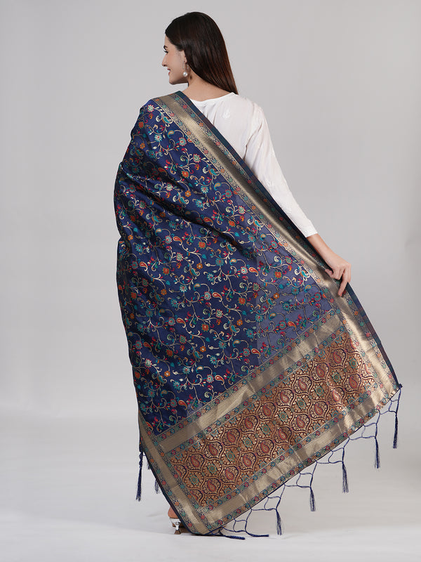 Blue Kashmiri Silk Dupatta with Multicolour Floral Vine Weave & Zari Border (Size: 2.5x1 m Approx)