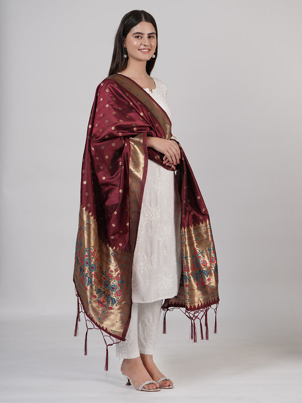 Wine Paithani Silk Dupatta with Gold Zari Butti & Traditional Border (Size: 2.5x1 m Approx)