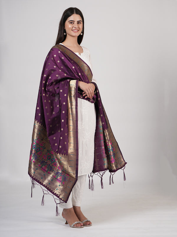 Purple Paithani Silk Dupatta with Gold Zari Butti & Traditional Border (Size: 2.5x1 m Approx)