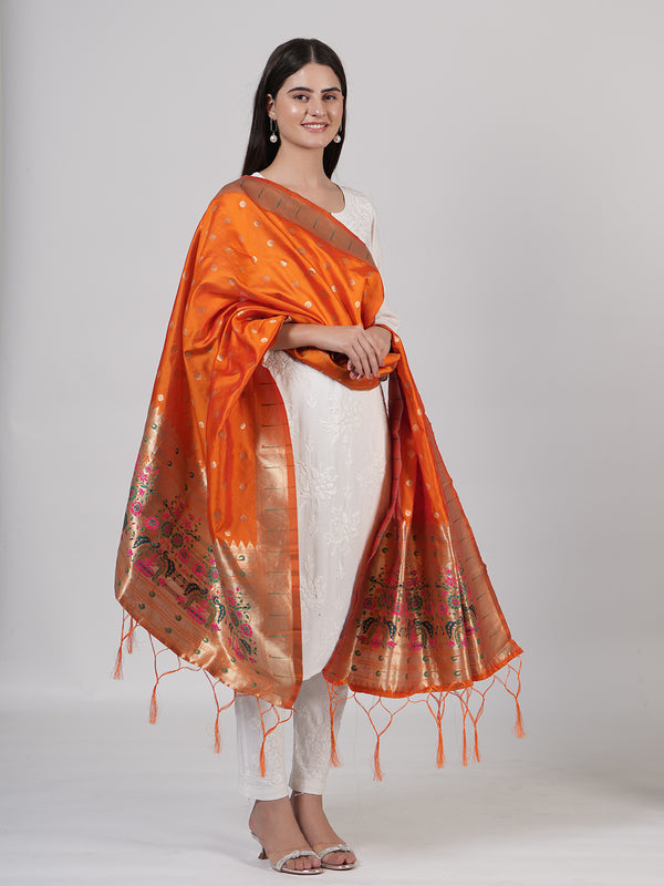 Orange Paithani Silk Dupatta with Gold Zari Butti & Traditional Border (Size: 2.5x1 m Approx)