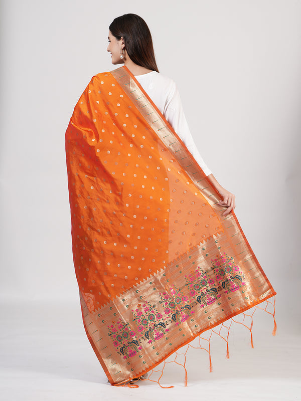 Orange Paithani Silk Dupatta with Gold Zari Butti & Traditional Border (Size: 2.5x1 m Approx)