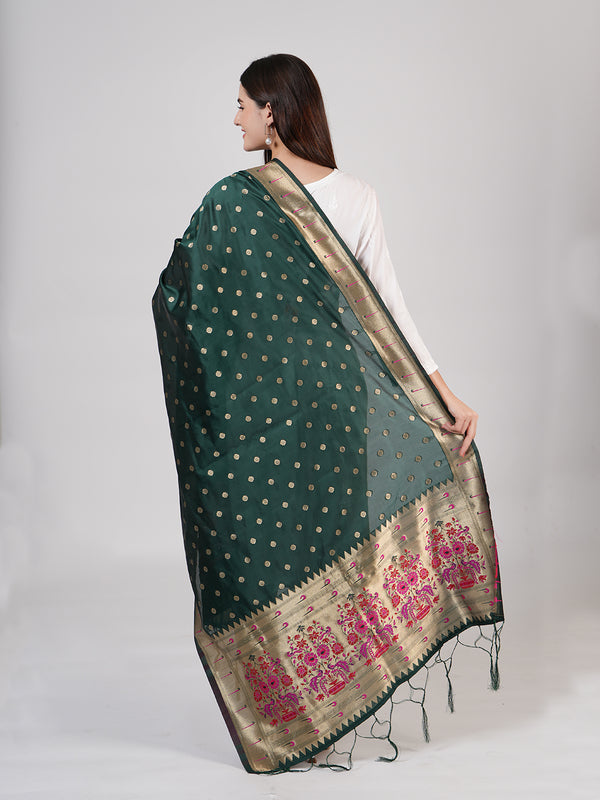 Bottle Green Paithani Silk Dupatta with Gold Zari Butti & Traditional Border (Size: 2.5x1 m Approx)