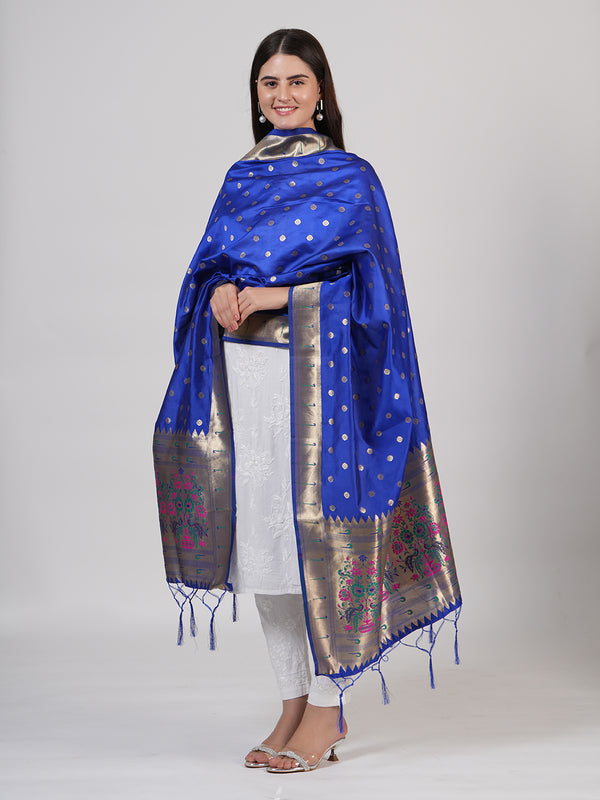 Navy Blue Paithani Silk Dupatta with Gold Zari Butti & Traditional Border (Size: 2.5x1 m Approx)