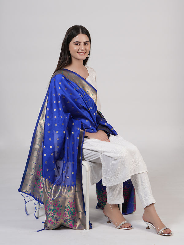 Navy Blue Paithani Silk Dupatta with Gold Zari Butti & Traditional Border (Size: 2.5x1 m Approx)